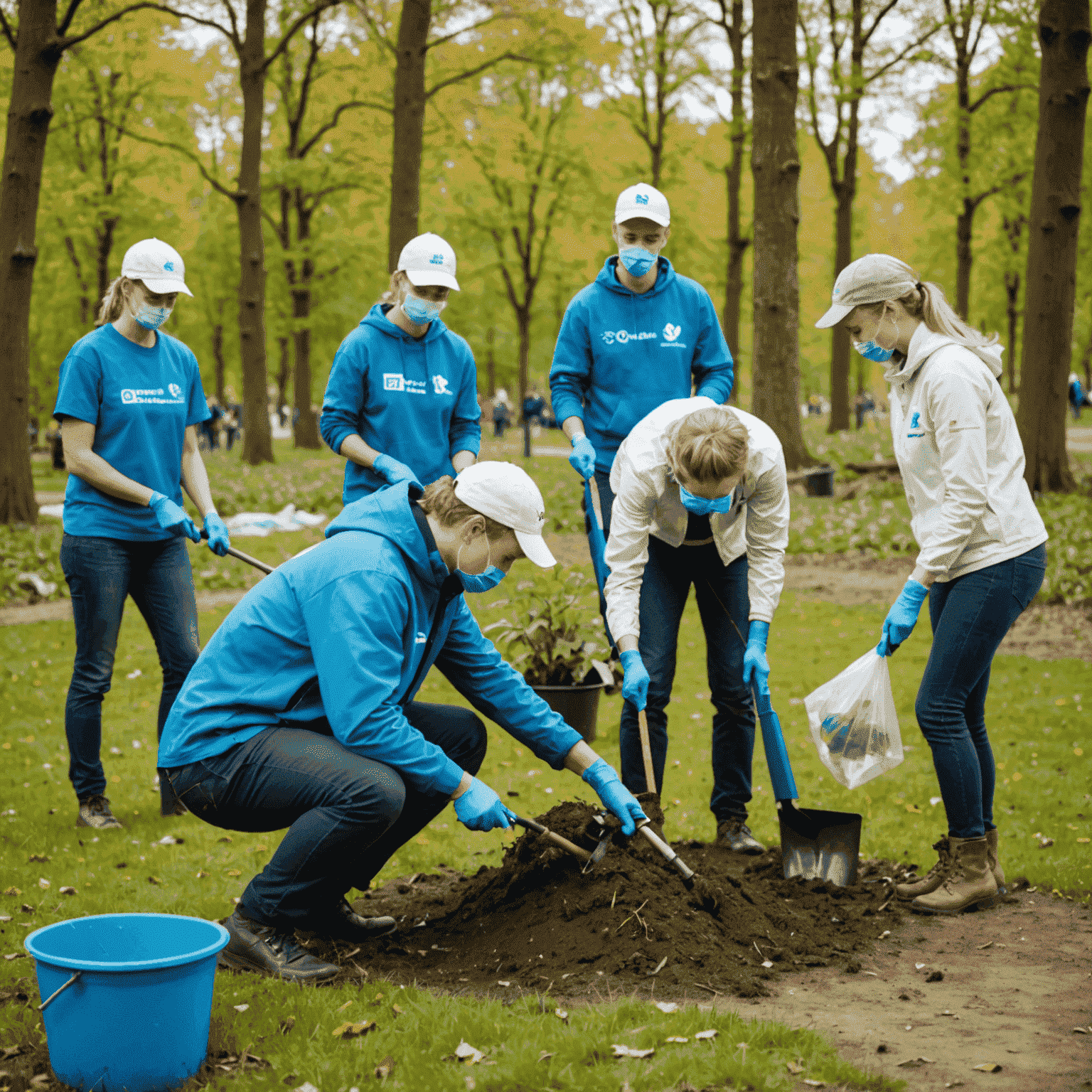 Gruppe von Freiwilligen, die in einem Park in Castrop-rauxel arbeiten, Bäume pflanzen und Müll sammeln