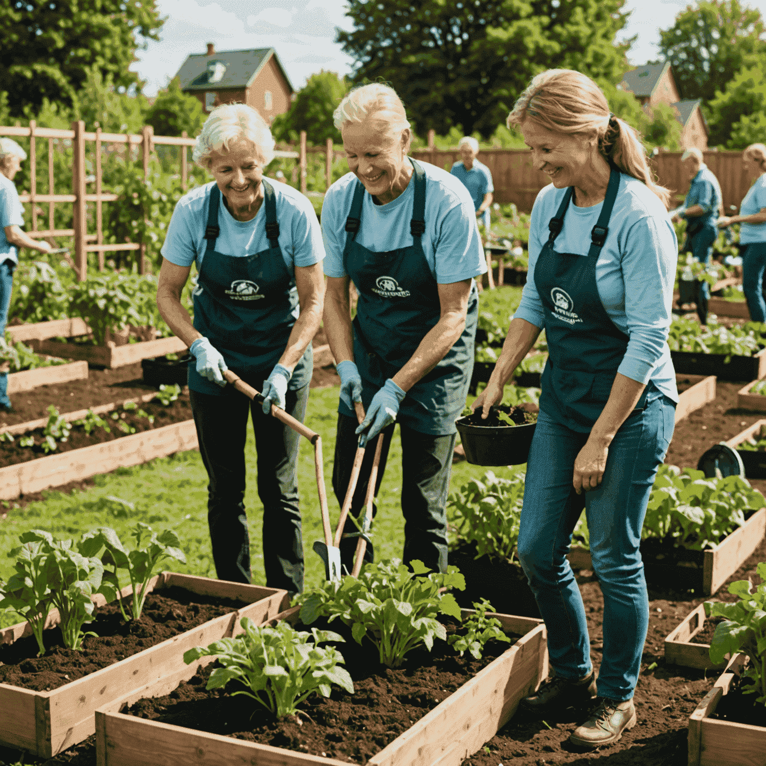 Gruppe von Freiwilligen, die in einem Gemeinschaftsgarten arbeiten, lächelnd und Gemüse pflanzend