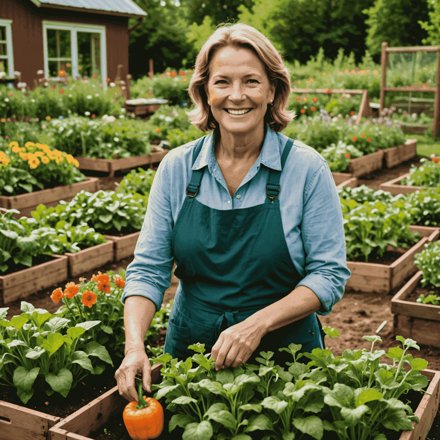 Eine lächelnde Frau mittleren Alters, die in einem Gemeinschaftsgarten arbeitet, umgeben von blühenden Pflanzen und Gemüse