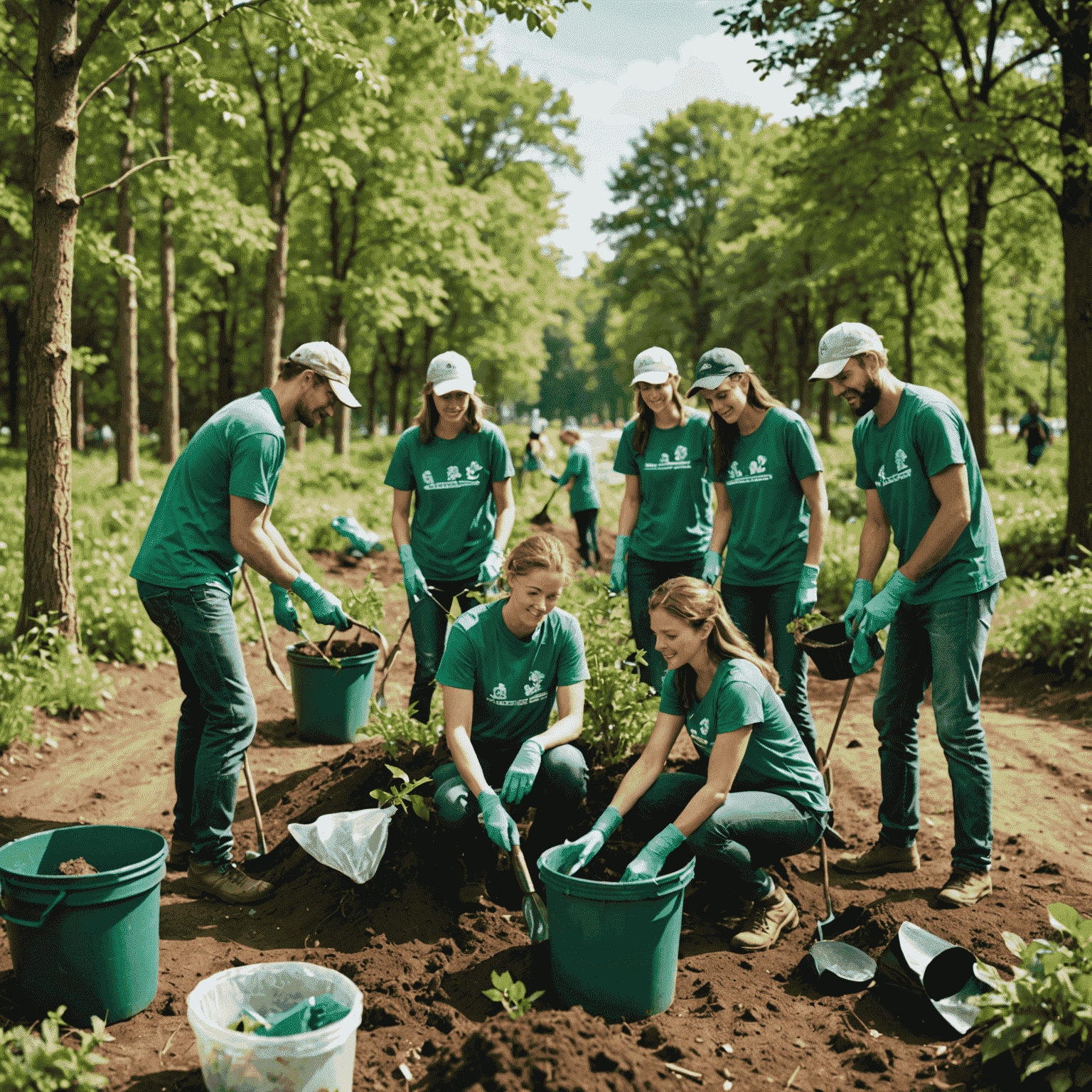 Gruppe von Freiwilligen, die gemeinsam an einem Umweltprojekt arbeiten, Bäume pflanzen und Müll sammeln