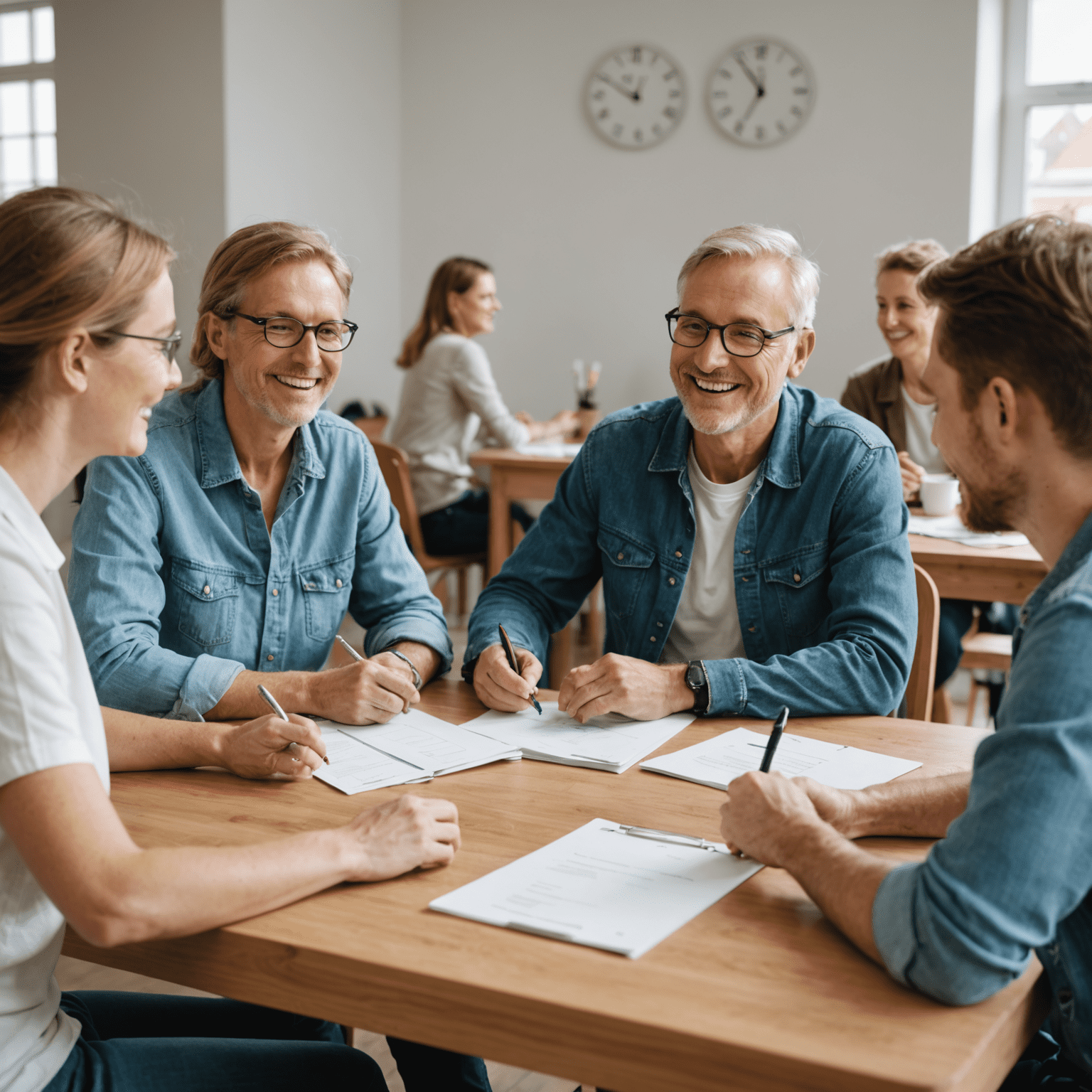Gruppe von Freiwilligen, die an einem Tisch sitzen und an einem Workshop teilnehmen. Sie lächeln und diskutieren über Möglichkeiten für ehrenamtliche Tätigkeiten in Deutschland.