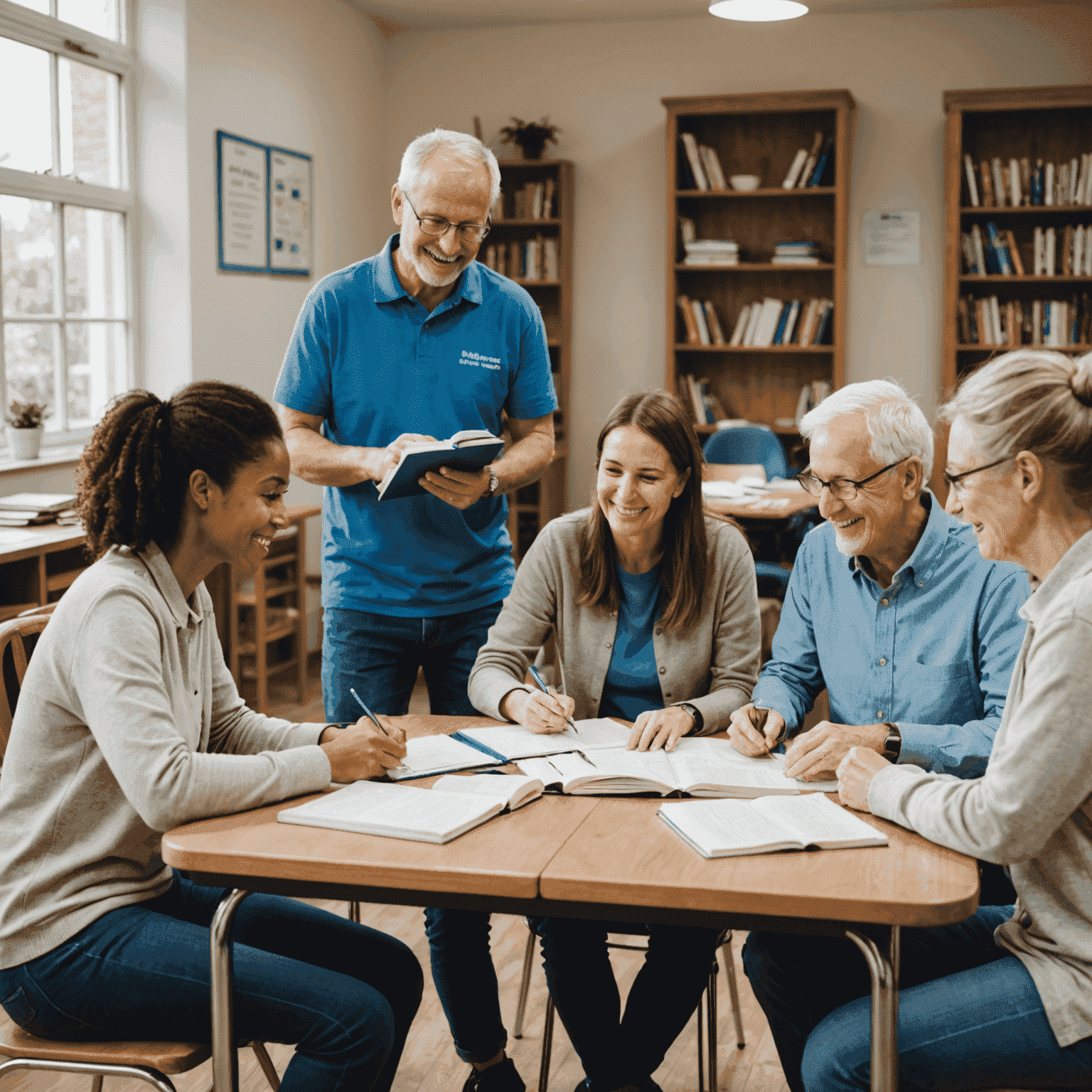 Gruppe von Freiwilligen, die gemeinsam an einem Tisch sitzen und Sprachübungen machen. Sie lächeln und interagieren miteinander, während sie Wörterbücher und Lernmaterialien verwenden.