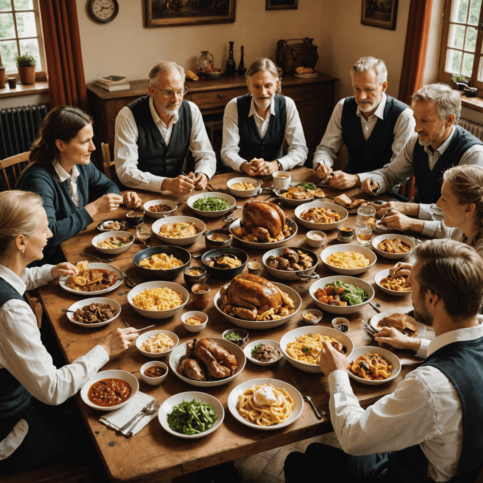 Eine Gruppe von Menschen verschiedener Kulturen, die gemeinsam an einem Tisch sitzen und deutsche Traditionen kennenlernen. Sie betrachten traditionelle deutsche Gegenstände und genießen typisch deutsches Essen.