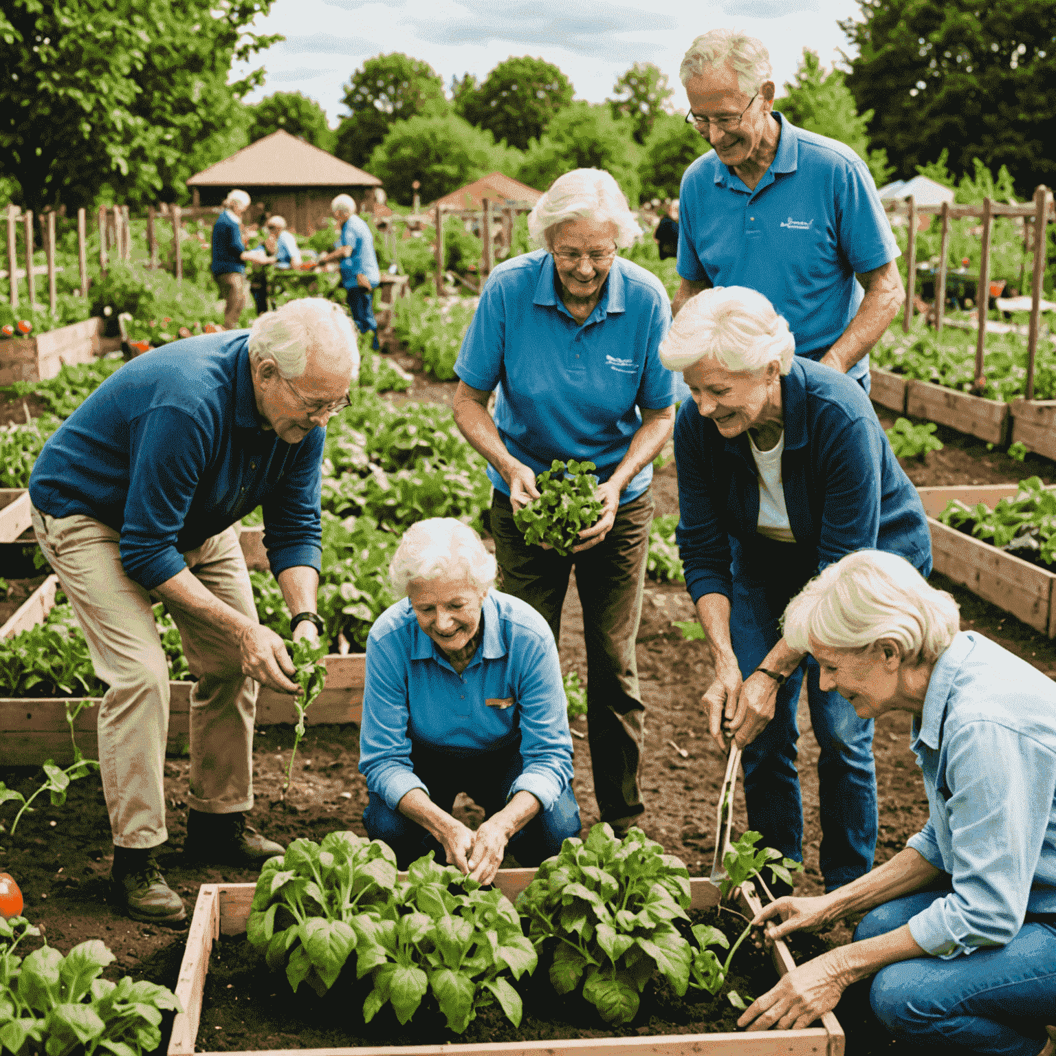 Senioren und junge Freiwillige, die gemeinsam in einem Gemeinschaftsgarten Gemüse anbauen