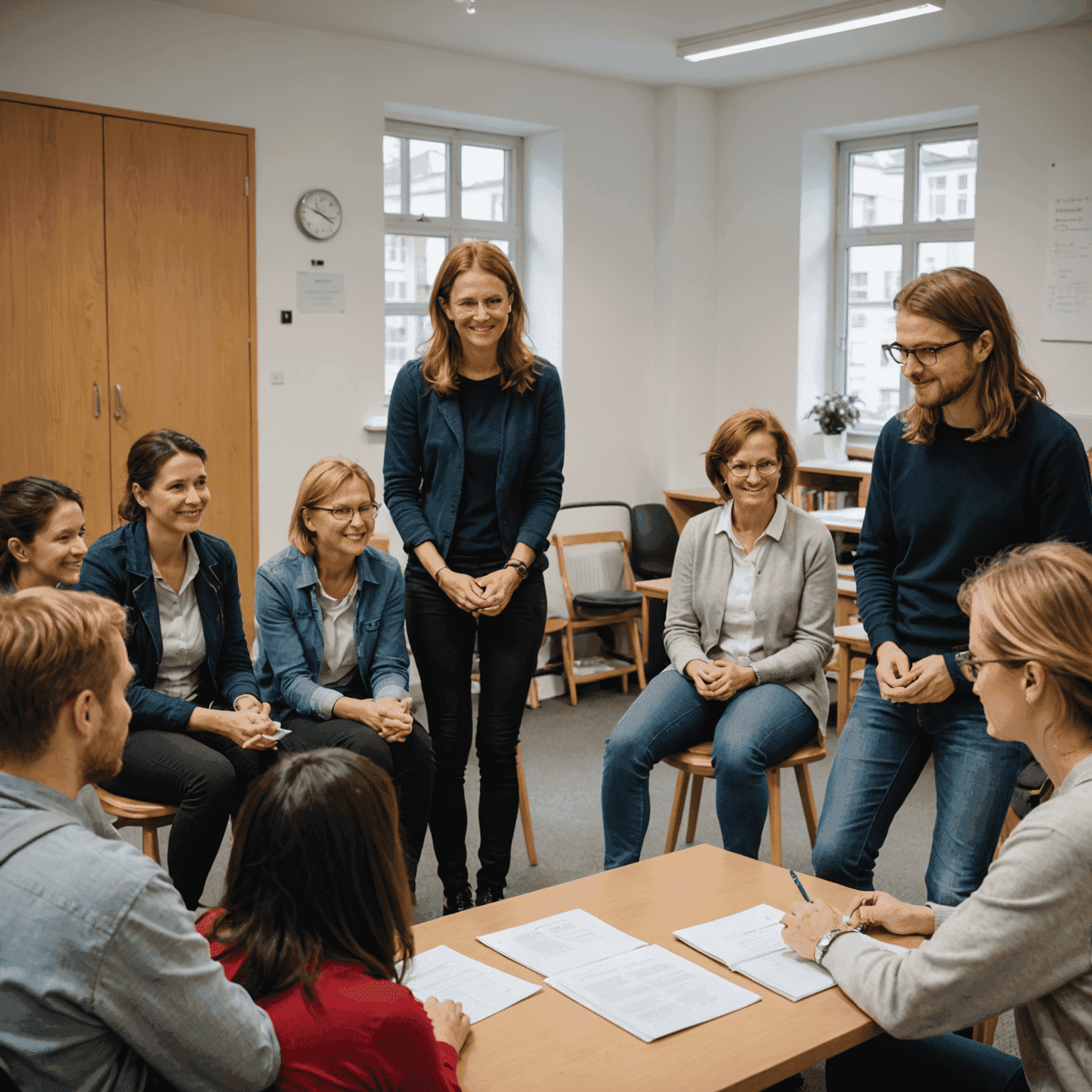 Gruppe von Neulingen, die an einem Orientierungsworkshop teilnehmen, mit einem Trainer, der die Grundlagen der Freiwilligenarbeit in Deutschland erklärt