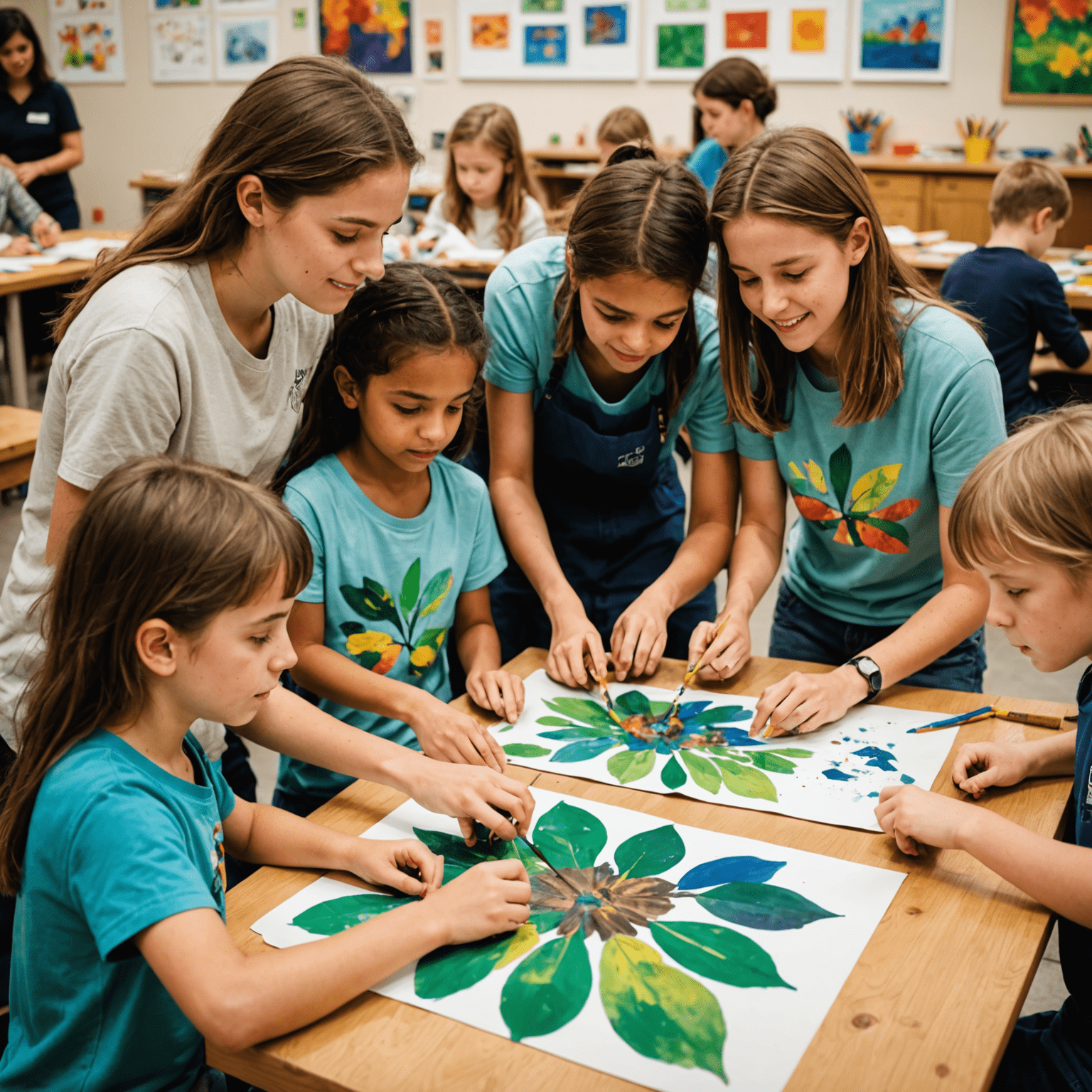 Kinder und Jugendliche, die gemeinsam mit Freiwilligen an einem Kunstprojekt arbeiten
