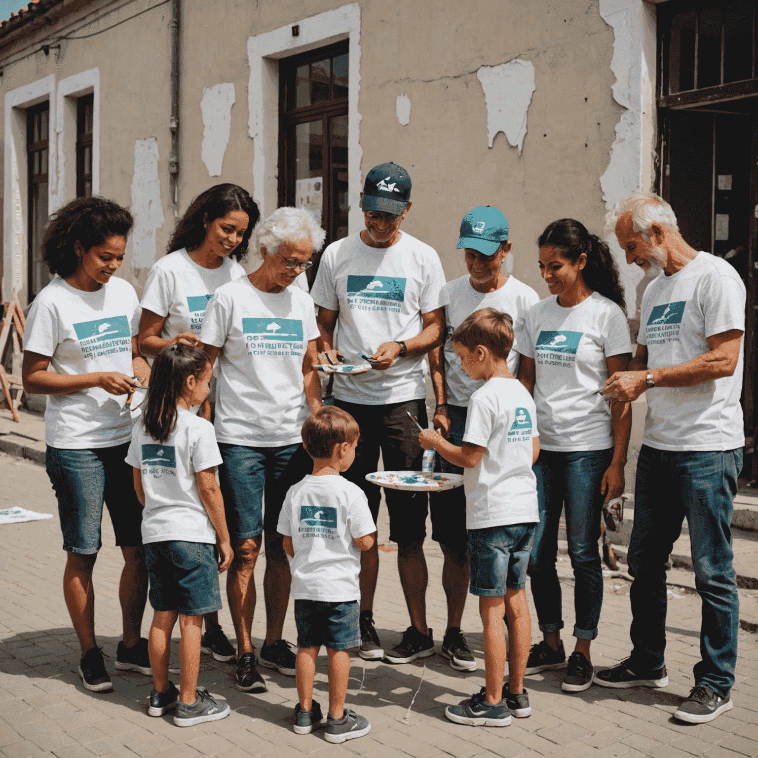 Eine Gruppe von Menschen verschiedenen Alters, die gemeinsam ein Gebäude streichen, alle tragen T-Shirts mit dem Logo einer lokalen Wohltätigkeitsorganisation