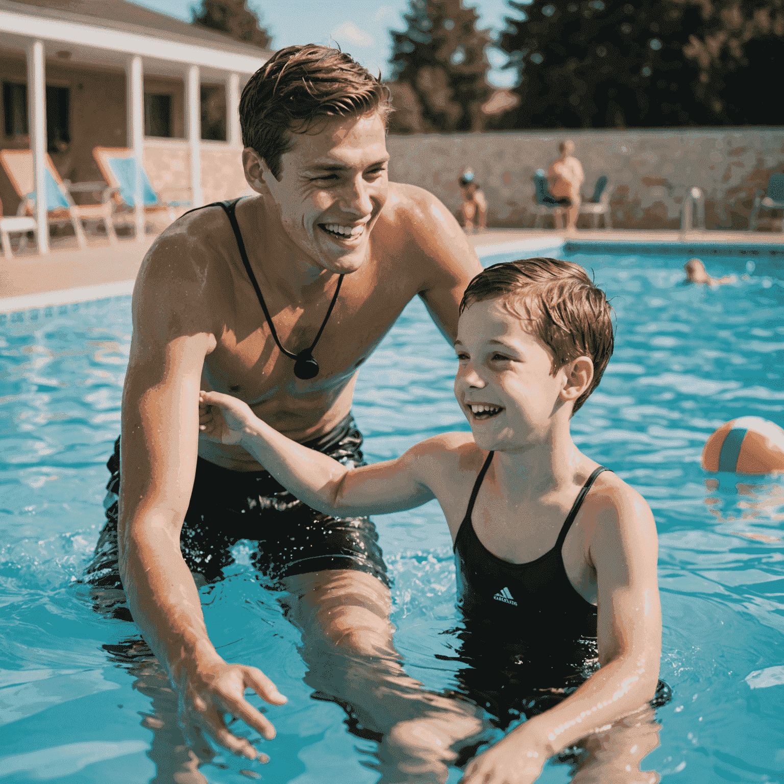 Ein junger Mann, der einem Kind mit Behinderung beim Schwimmen hilft, beide lachen im Schwimmbad