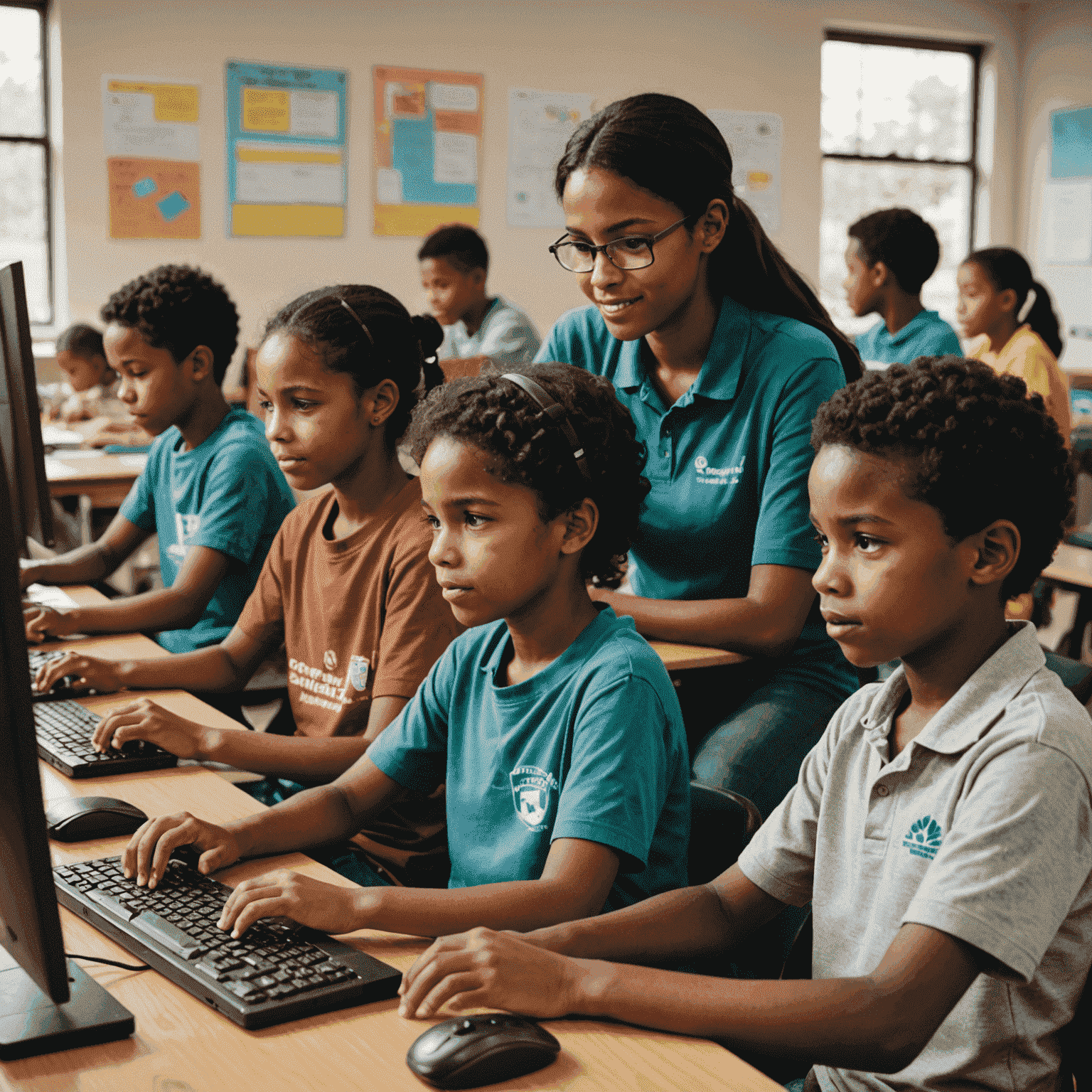 Kinder und Jugendliche, die an Computern sitzen und von Freiwilligen unterrichtet werden