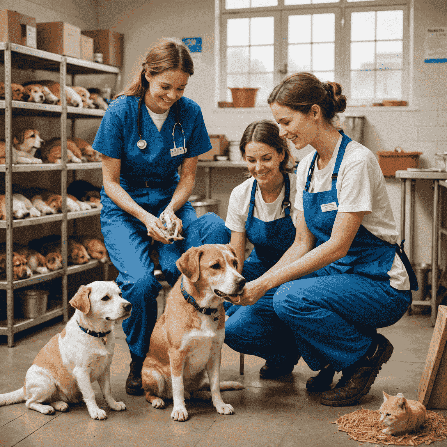 Freiwillige kümmern sich um Hunde und Katzen in einem Tierheim