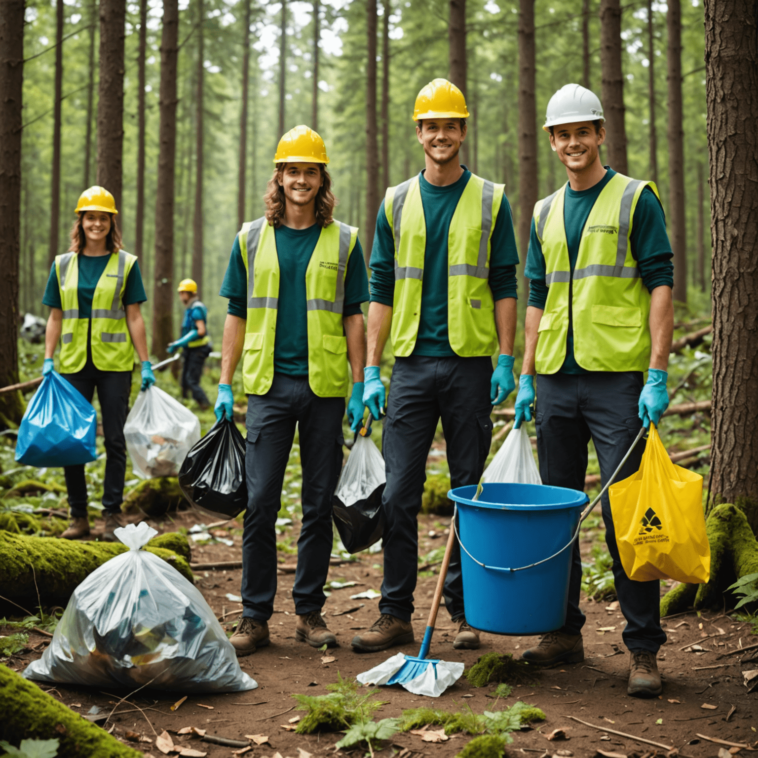 Freiwillige, die bei der Reinigung eines Waldgebietes helfen, Müll sammeln und die Umwelt schützen